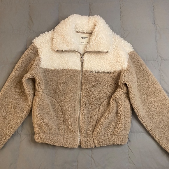 Abercrombie & Fitch Cream Taupe Colorblock Zip Up Sherpa Jacket - Picture 3 of 14